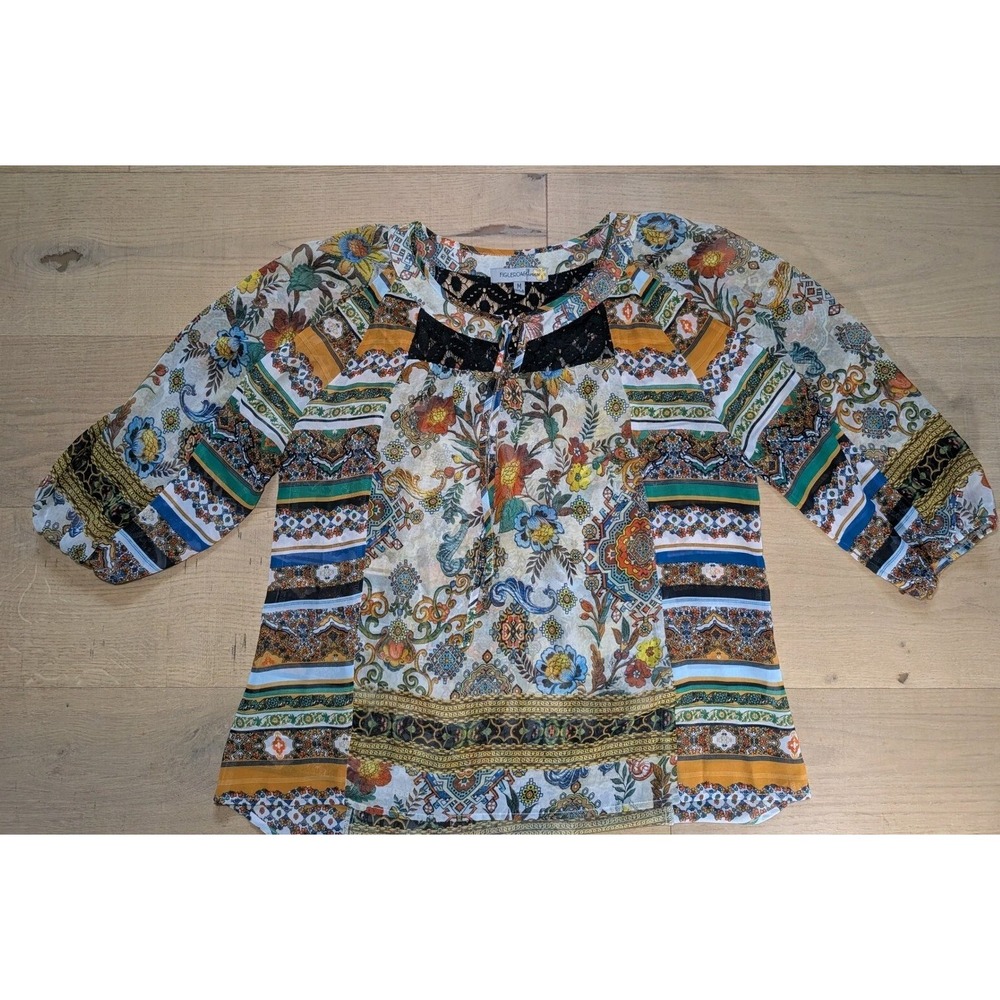 Figueroa & Flower Bohemian Tunic Blouse Floral Print Lace Trimmed Top Medium